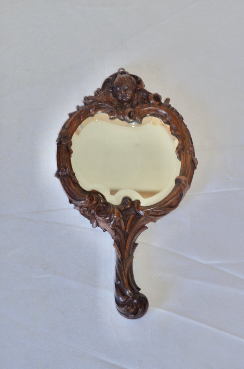 miroir Face à Main En Noyer époque Art Nouveau