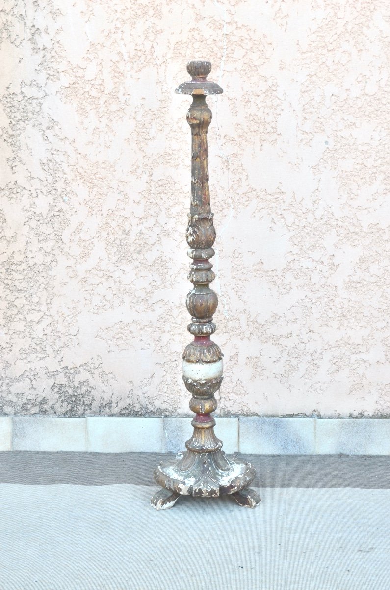 Pique Cierge En Bois Polychrome Début 19eme Siècle -photo-3