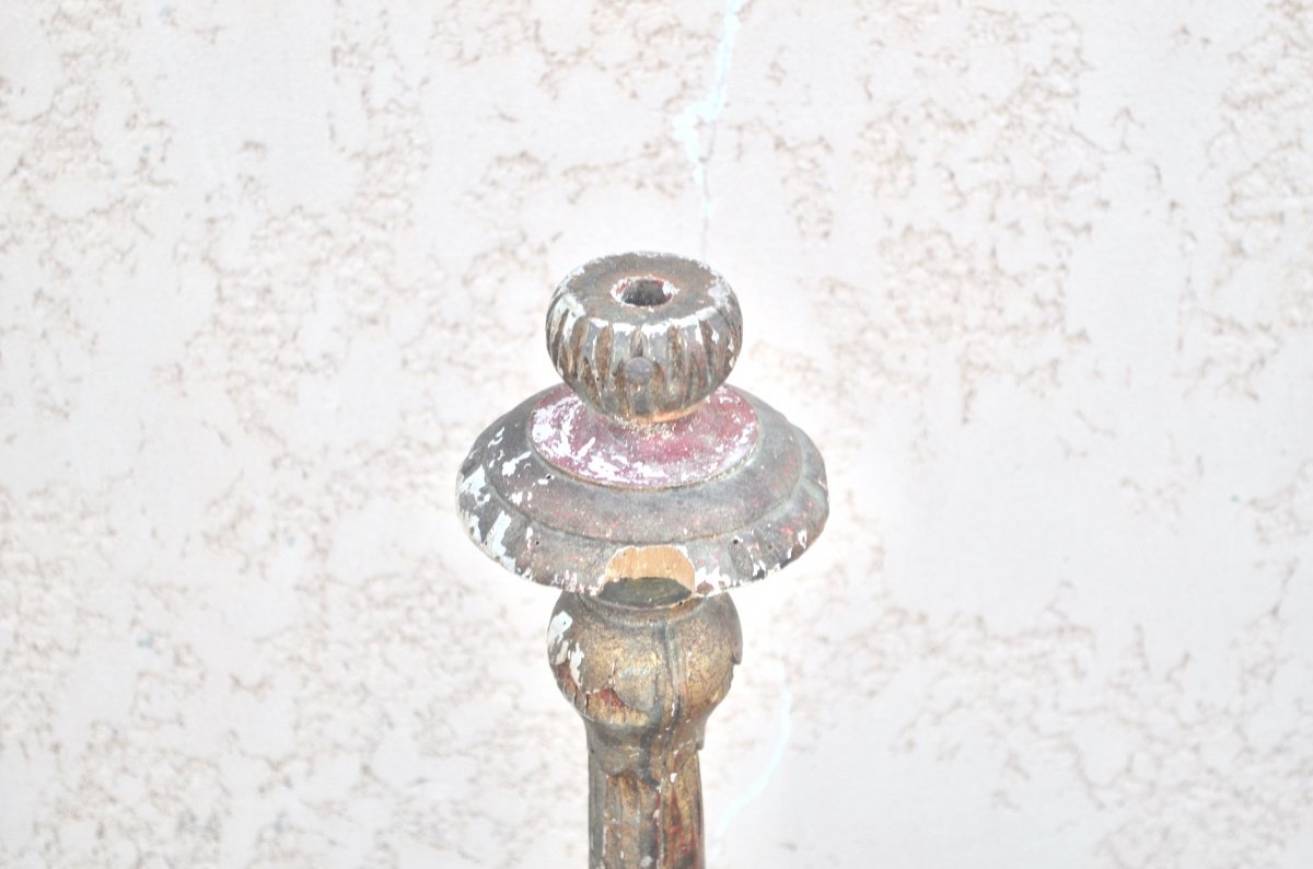 Pique Cierge En Bois Polychrome Début 19eme Siècle -photo-3