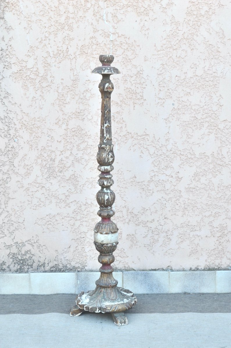 Pique Cierge En Bois Polychrome Début 19eme Siècle 