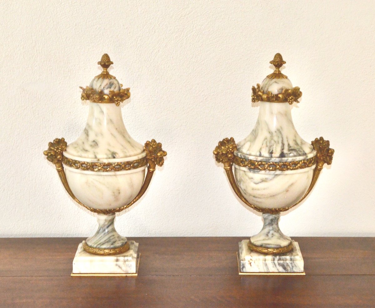 Pair Of Cassolettes In Marble And Gilt Bronze 19th Century