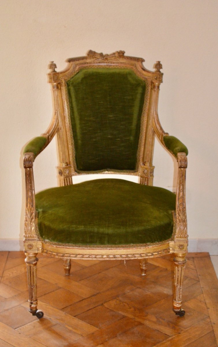 Louis XVI Style Golden Wood Armchair 19th Century-photo-8