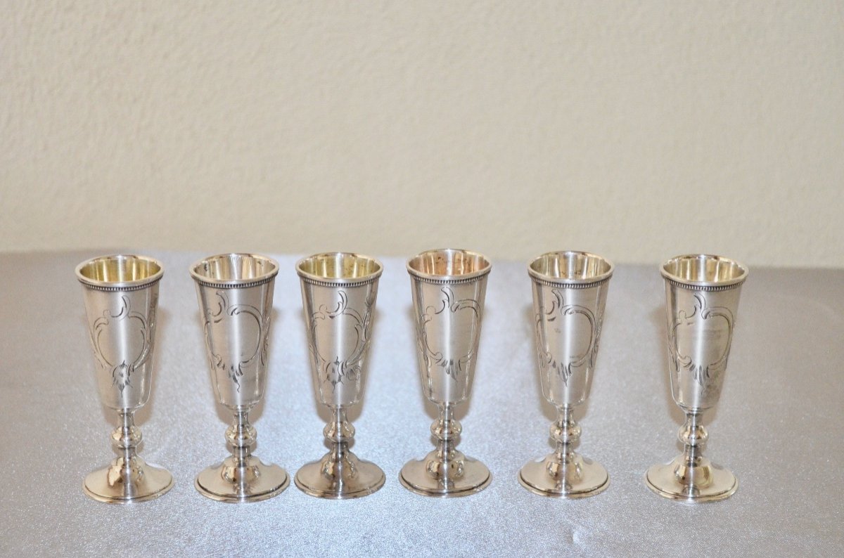 Suite De 6 Verres à Vodka En Argent Massif Russe 19ème Siècle 