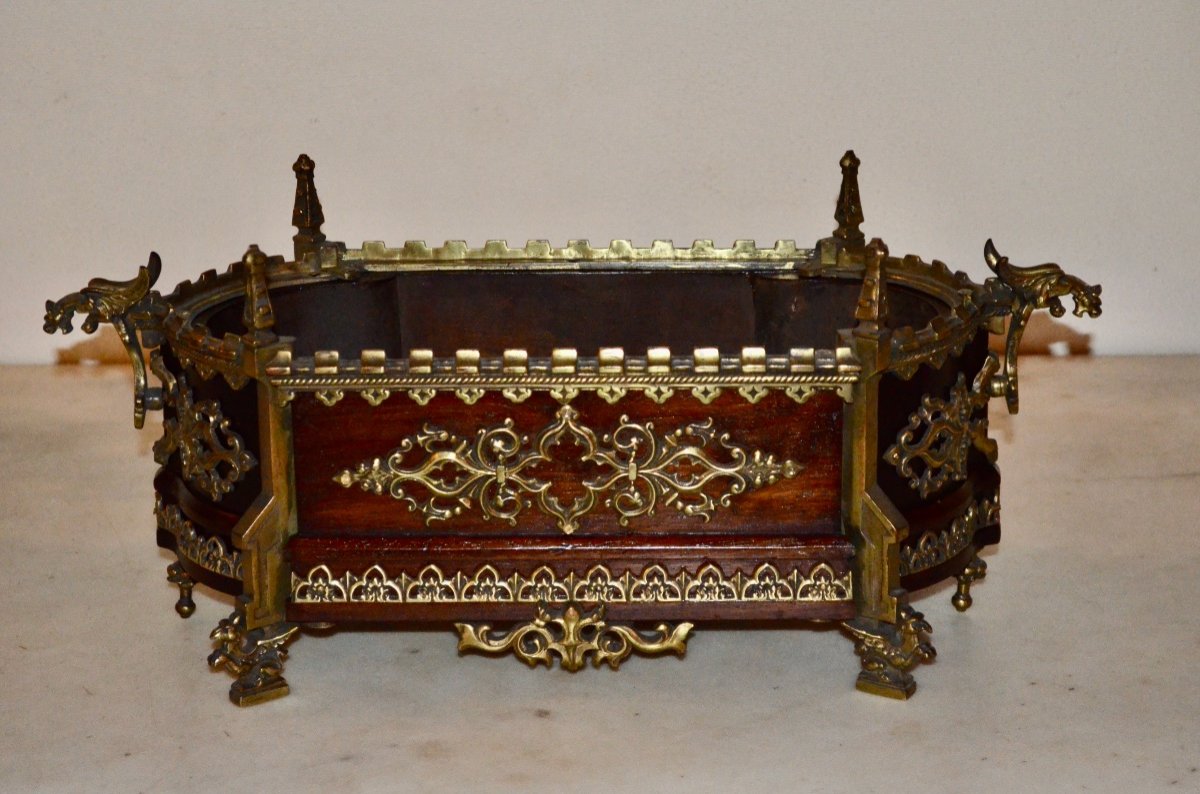 19th Century Neo-gothic Mahogany And Bronze Table Planter 