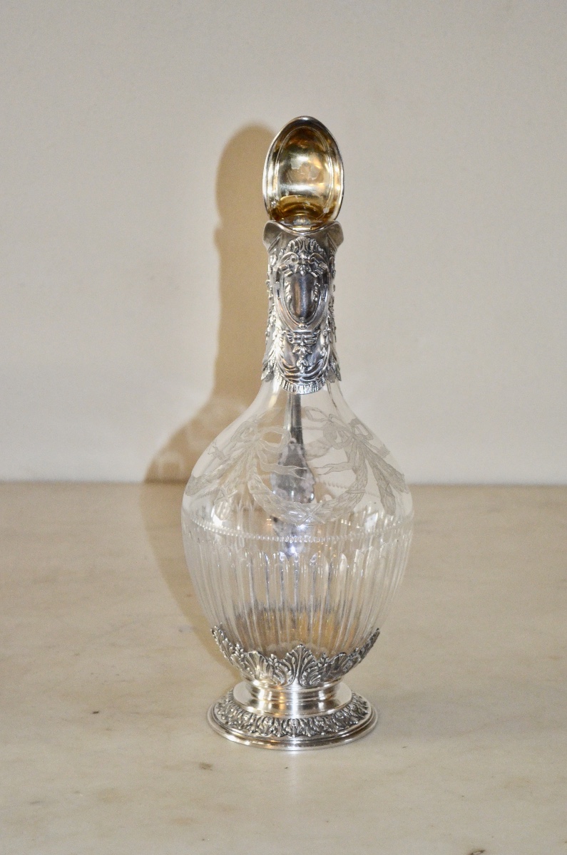 Large Ewer In Solid Silver And Engraved Crystal, Napoleon III Period-photo-2
