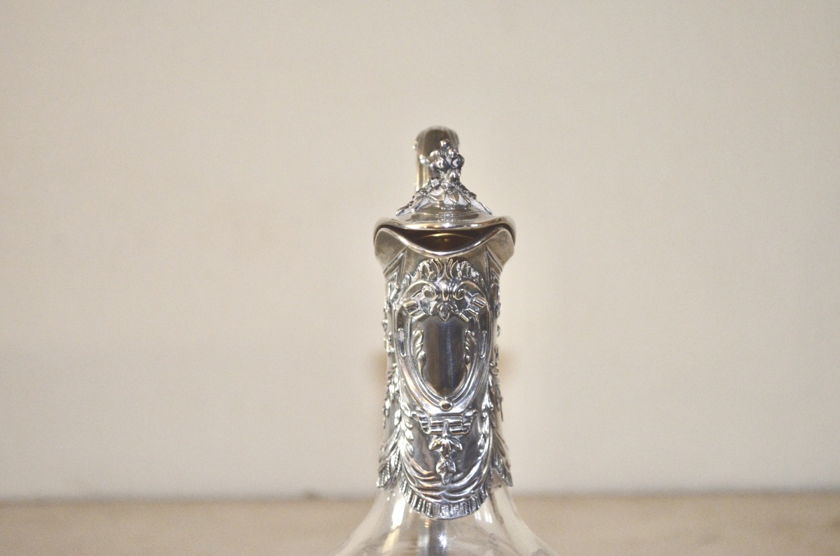 Large Ewer In Solid Silver And Engraved Crystal, Napoleon III Period-photo-3
