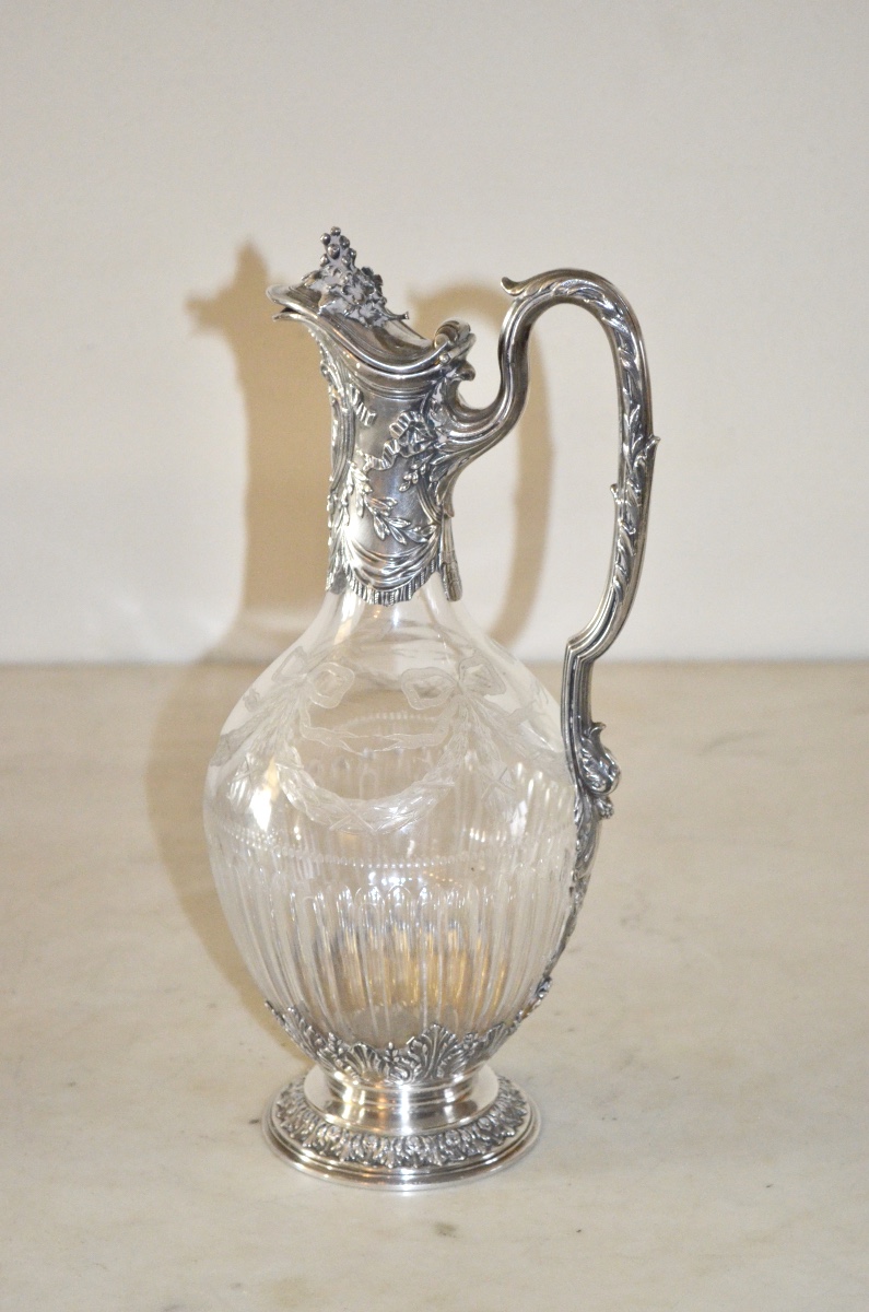 Large Ewer In Solid Silver And Engraved Crystal, Napoleon III Period-photo-2