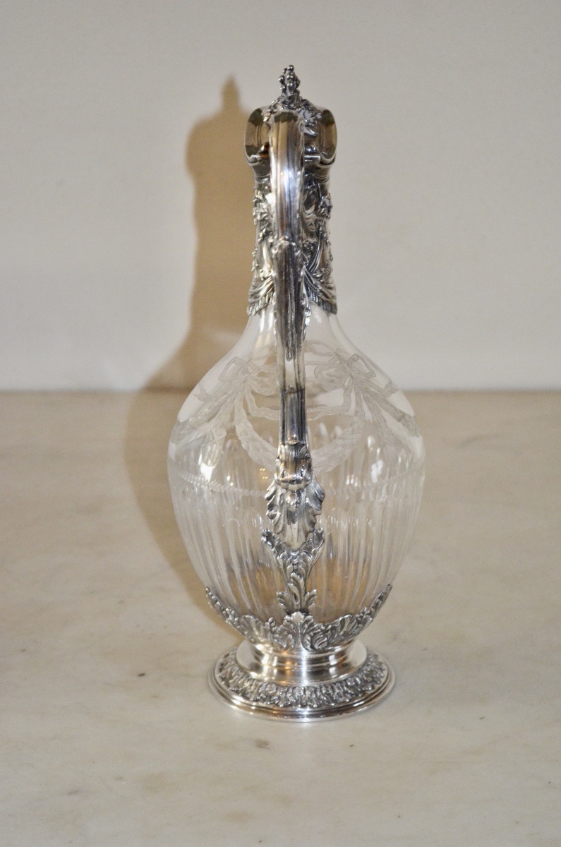 Large Ewer In Solid Silver And Engraved Crystal, Napoleon III Period-photo-3