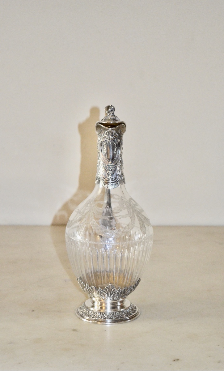 Large Ewer In Solid Silver And Engraved Crystal, Napoleon III Period