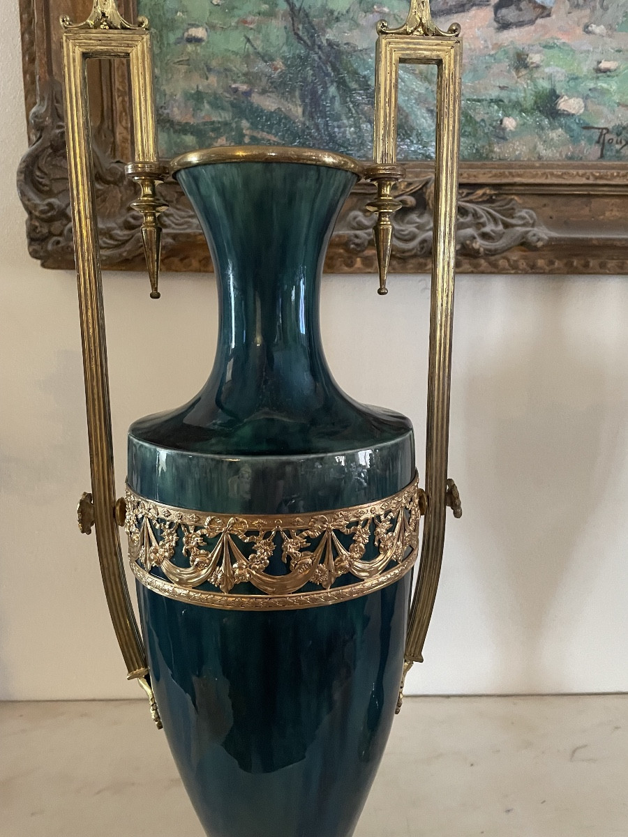 Pair Of Large Green Earthenware And Gilt Bronze Vases, 19th Century -photo-3