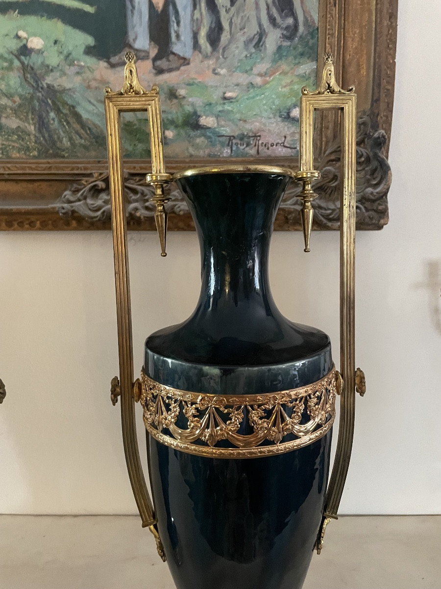 Pair Of Large Green Earthenware And Gilt Bronze Vases, 19th Century -photo-1
