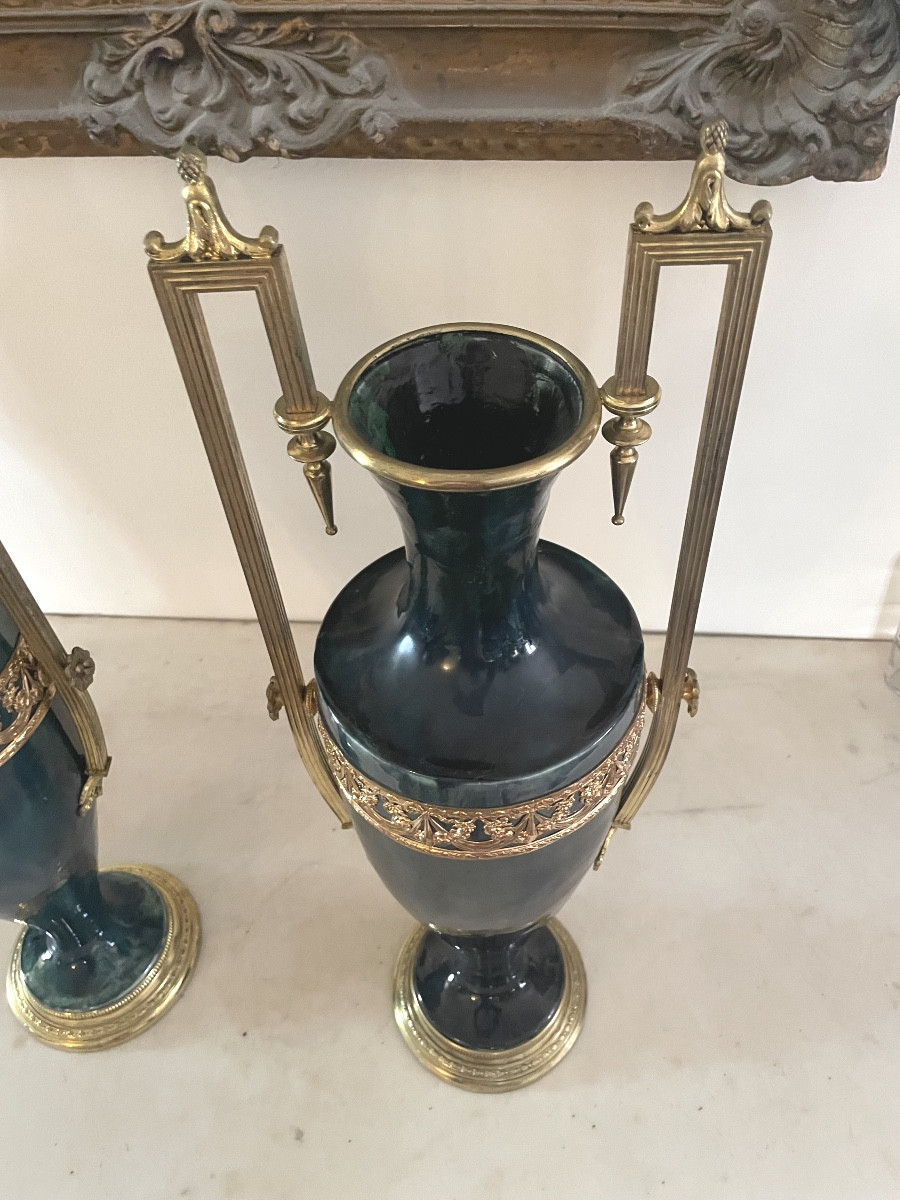 Pair Of Large Green Earthenware And Gilt Bronze Vases, 19th Century -photo-7