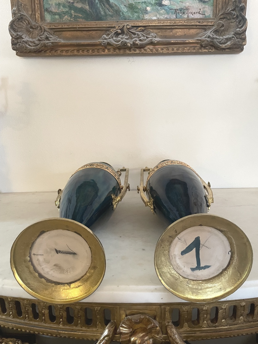 Pair Of Large Green Earthenware And Gilt Bronze Vases, 19th Century -photo-8