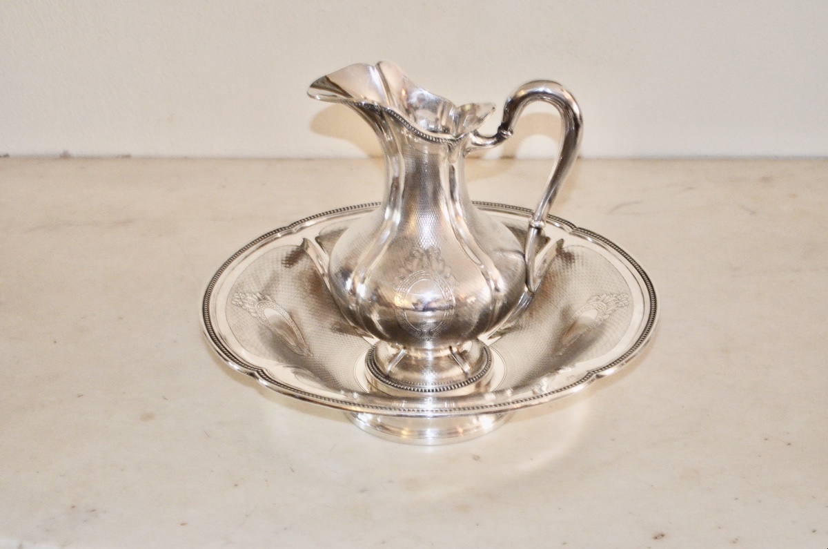 Ewer And Its Basin In Solid Silver, Napoleon III Period-photo-3