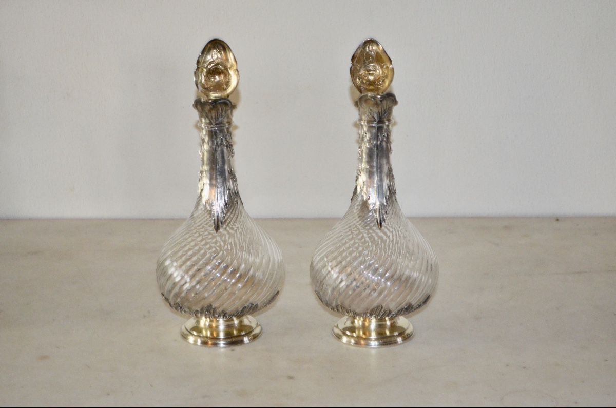 Paire d’aiguières en argent massif et cristal 19eme siècle -photo-2