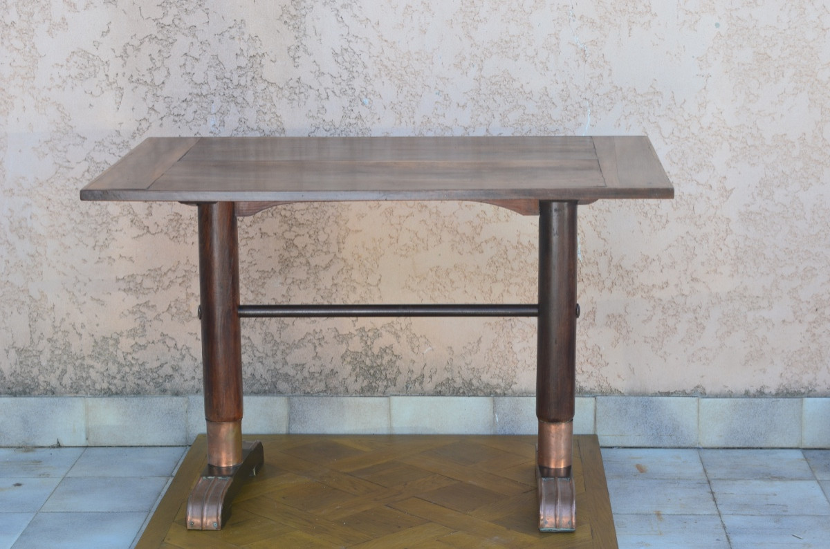 Table de bistrot en noyer et cuivre fin 19eme siècle -photo-2