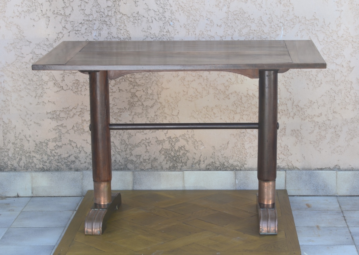 Table de bistrot en noyer et cuivre fin 19eme siècle 