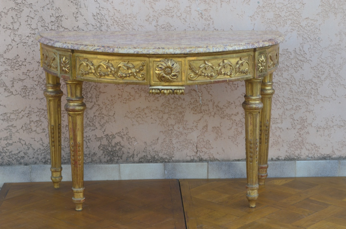 Large Louis XVI Period Half-moon Giltwood Console Table 