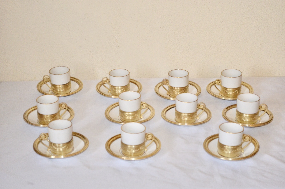 Set Of 11 Porcelain And Vermeil Coffee Cups, 19th Century -photo-2