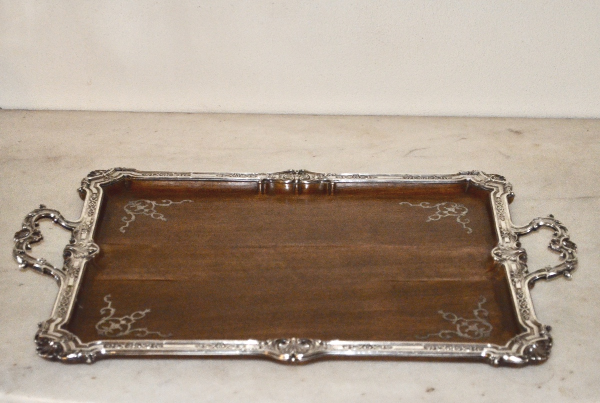 Large Art Nouveau Serving Tray In Solid Silver And Walnut By émile Puiforcat -photo-2