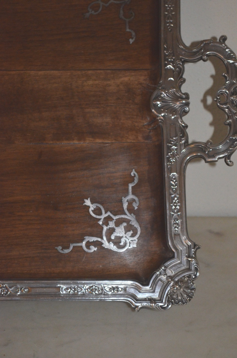 Large Art Nouveau Serving Tray In Solid Silver And Walnut By émile Puiforcat -photo-1