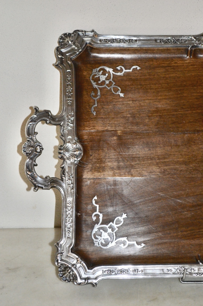 Large Art Nouveau Serving Tray In Solid Silver And Walnut By émile Puiforcat -photo-2