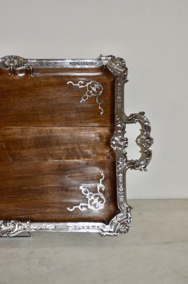 Large Art Nouveau Serving Tray In Solid Silver And Walnut By émile Puiforcat -photo-3