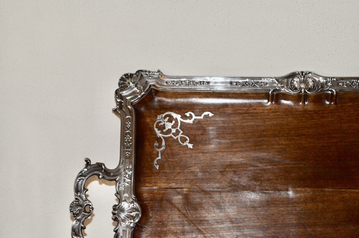 Large Art Nouveau Serving Tray In Solid Silver And Walnut By émile Puiforcat -photo-4