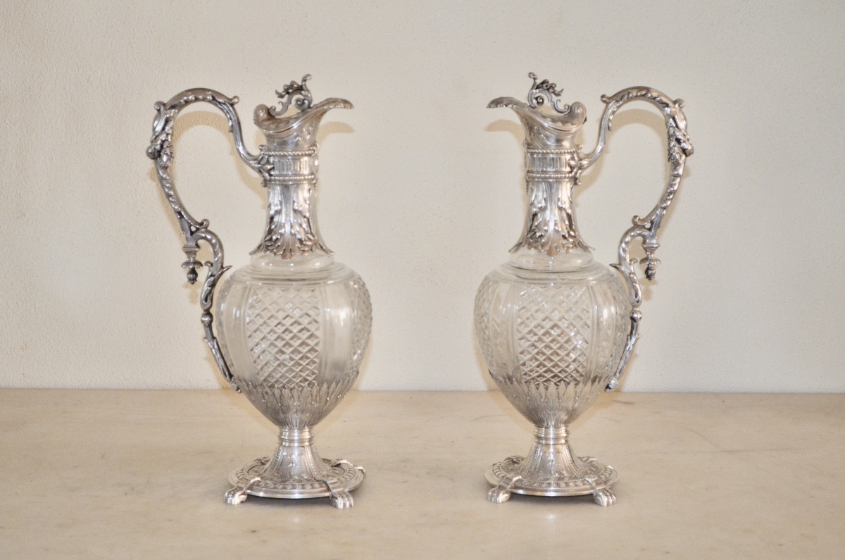 Pair Of Large Ewers In Solid Silver And Crystal -photo-1