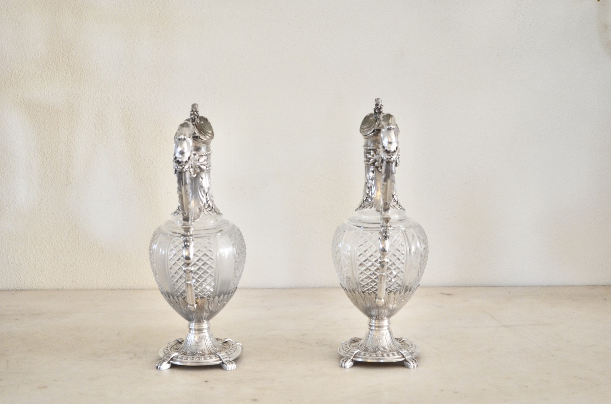 Pair Of Large Ewers In Solid Silver And Crystal -photo-2