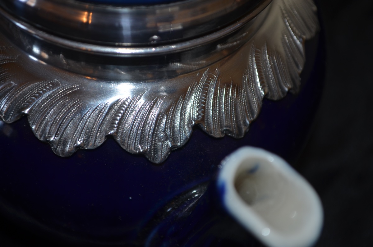 Solid Silver And Porcelain Teapot By Saglier 19th Century-photo-8