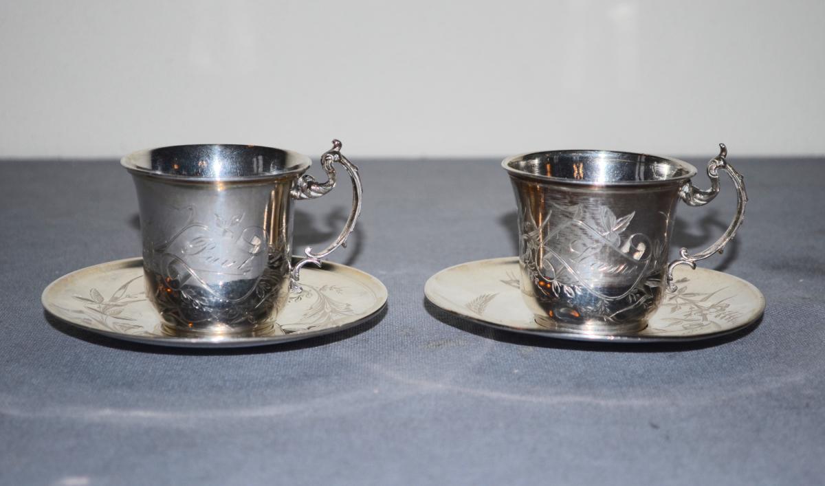 Paire De Tasses En Argent Massif Fin 19eme Siècle -photo-2