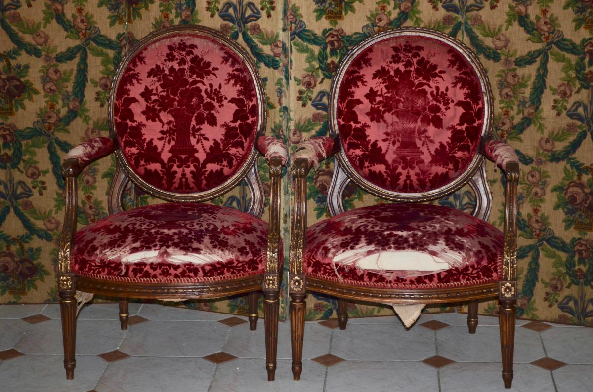 Pair Of Large Armchairs Medallion Louis XVI