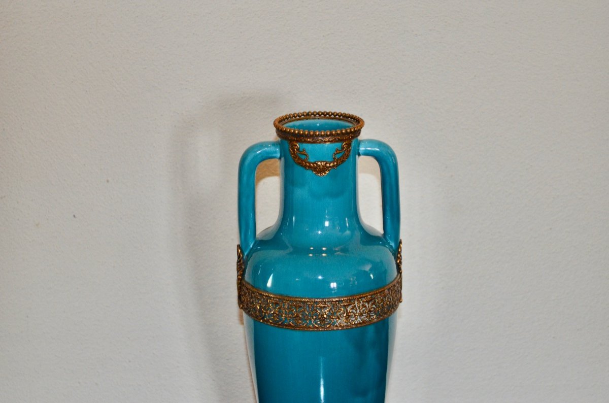 Turquoise Blue Ceramic Vase And Gilded Bronze End XIXth Century-photo-2