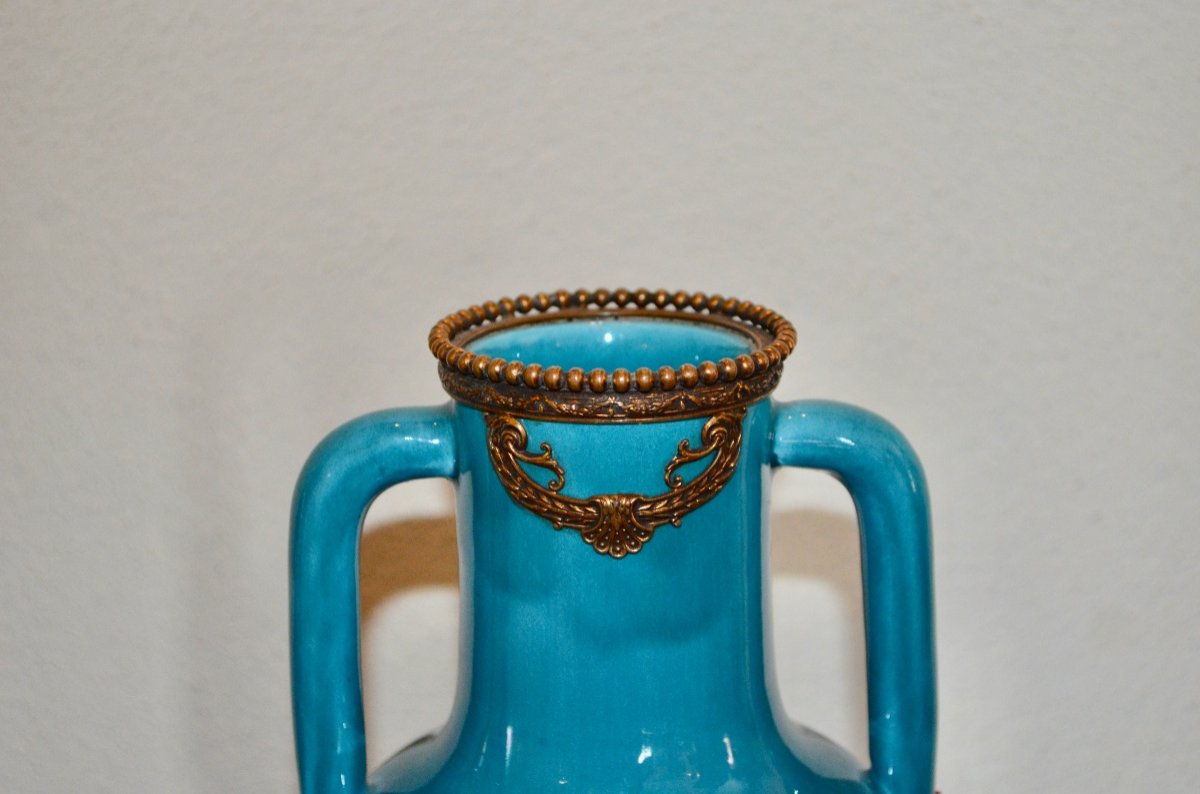 Turquoise Blue Ceramic Vase And Gilded Bronze End XIXth Century-photo-1