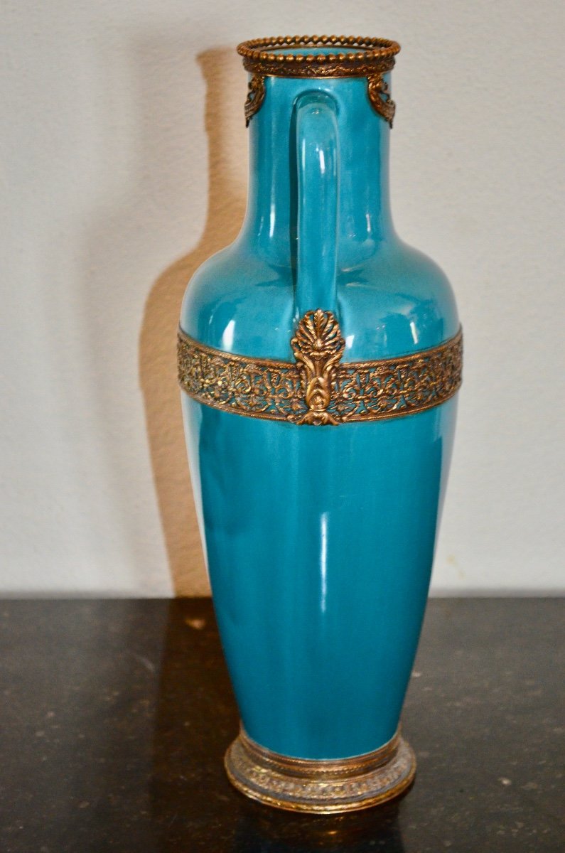 Turquoise Blue Ceramic Vase And Gilded Bronze End XIXth Century-photo-2