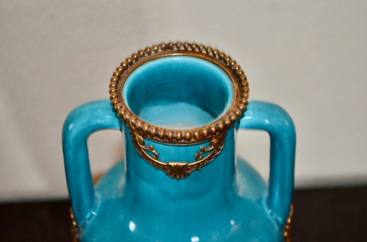 Turquoise Blue Ceramic Vase And Gilded Bronze End XIXth Century-photo-3