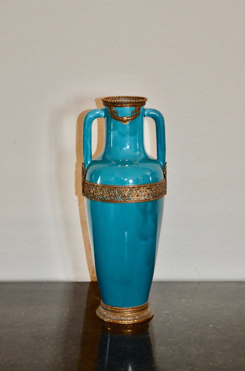 Vase En Céramique Bleu Turquoise et bronze doré Fin XIXeme Siècle 