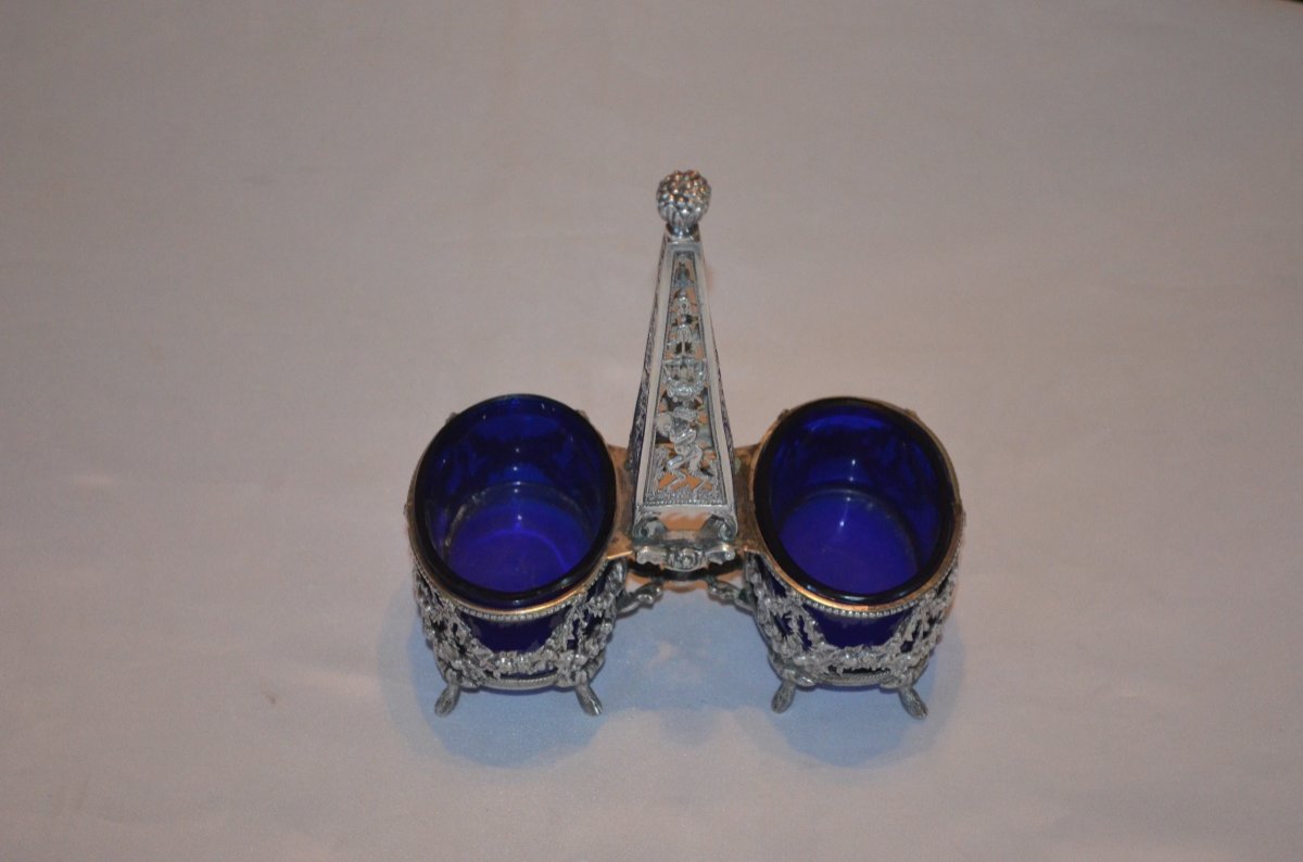 Double Saleron In Sterling Silver And Crystal 19th Century-photo-2