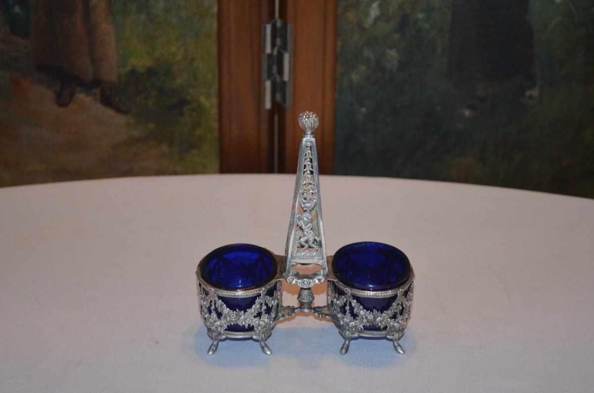 Double Saleron In Sterling Silver And Crystal 19th Century-photo-3