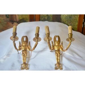 Pair Of Gilt Bronze Sconces With Cherubs XIXth Century