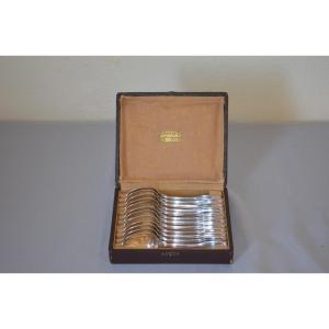 Set Of 12 Solid Silver Dessert Spoons From Christofle 