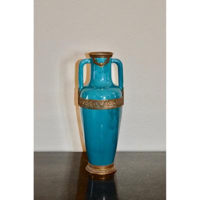 Vase En Céramique Bleu Turquoise et bronze doré Fin XIXeme Siècle 
