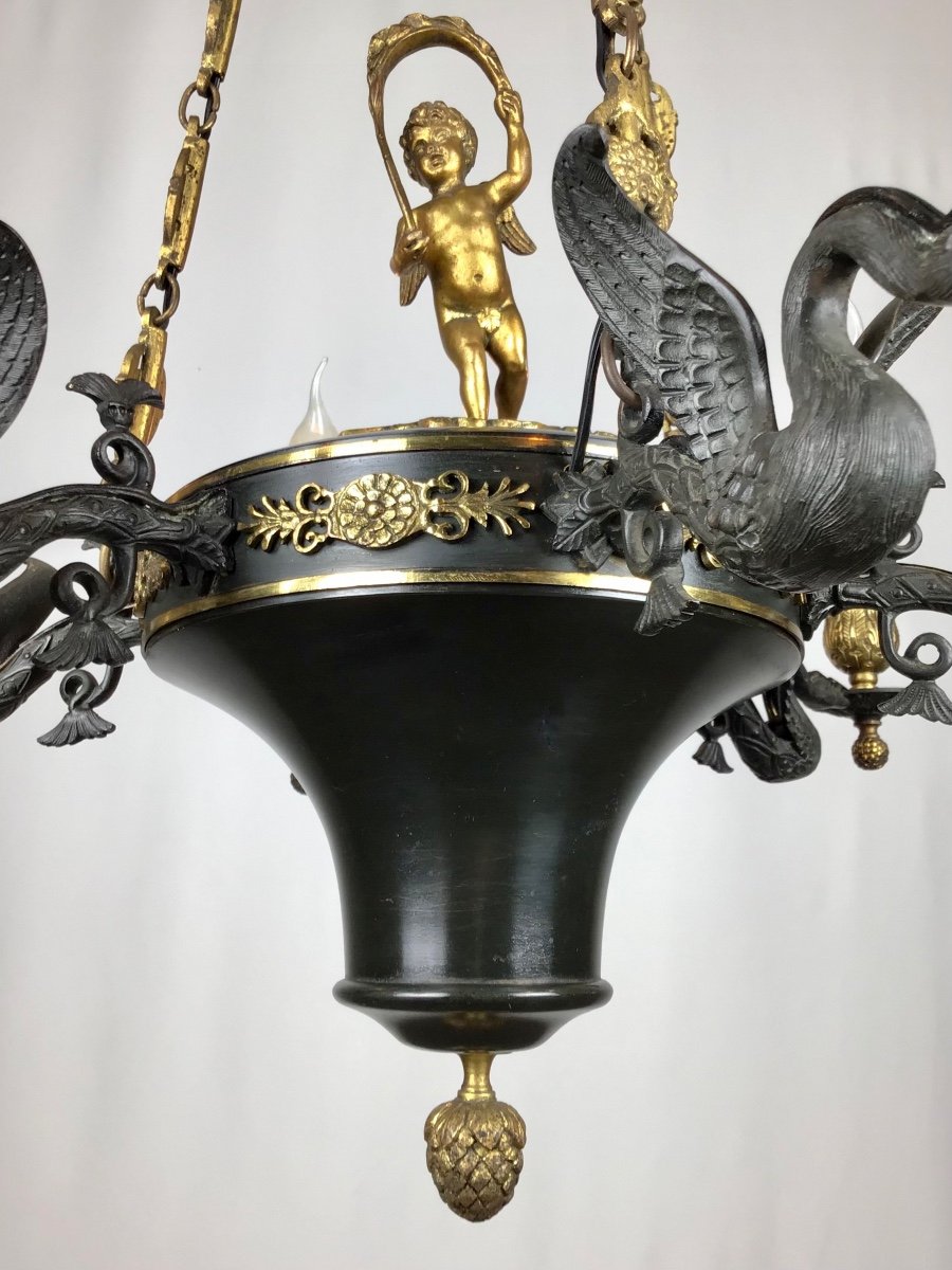 19th Century French  Empire Chandelier With An Angel Gilt Bronze And Dark Green Antique Bronze-photo-4