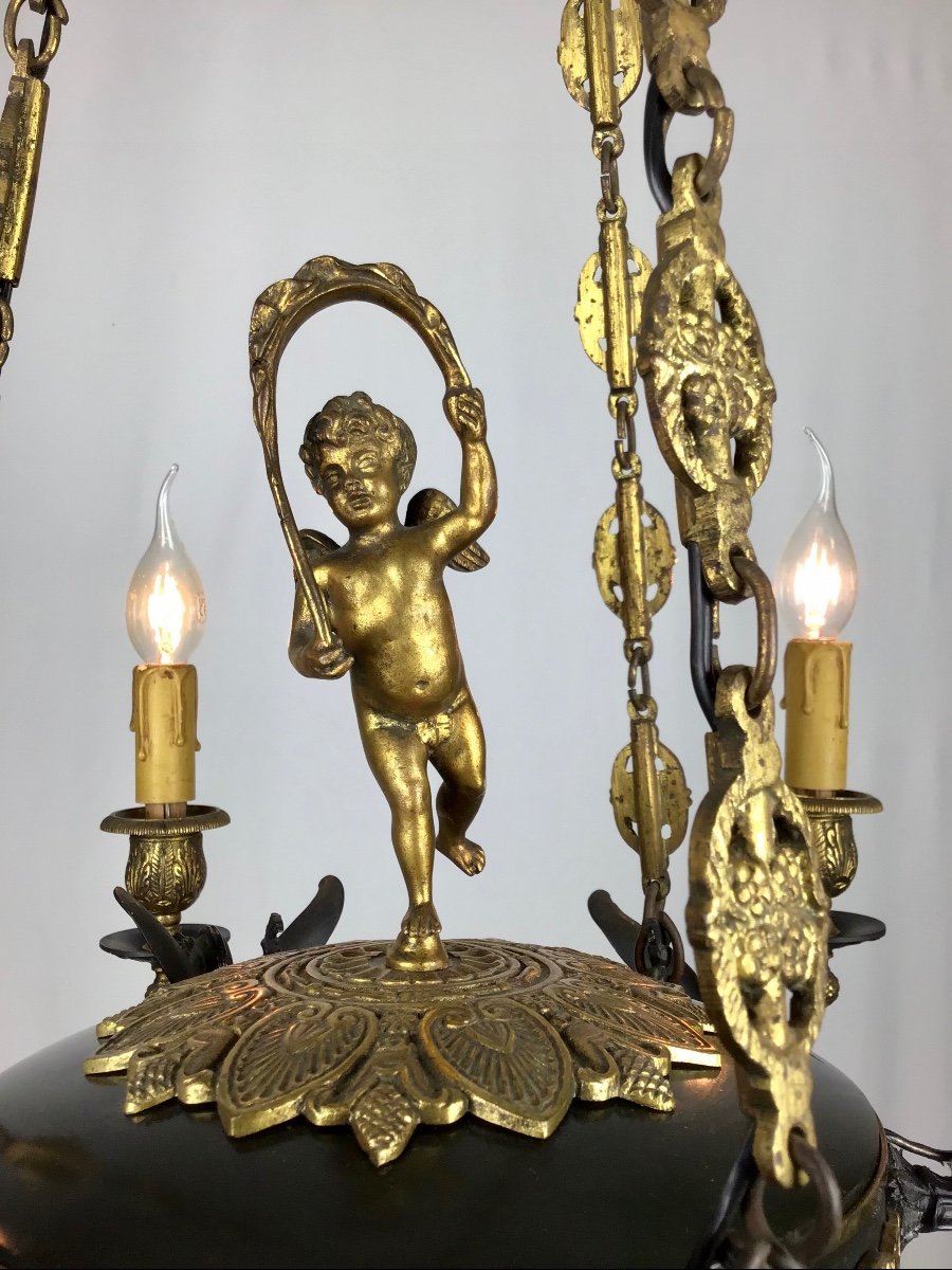 19th Century French  Empire Chandelier With An Angel Gilt Bronze And Dark Green Antique Bronze-photo-1