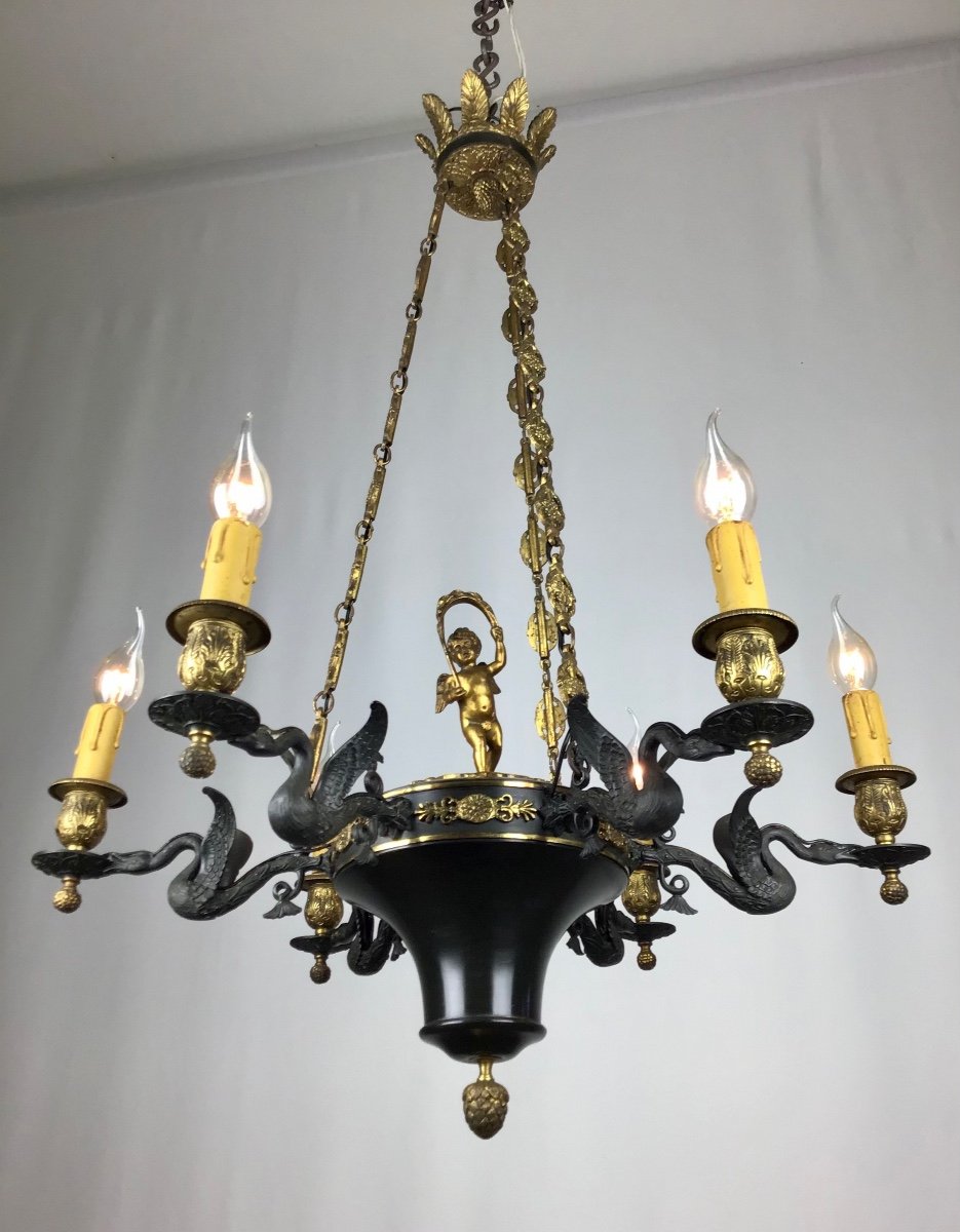 19th Century French  Empire Chandelier With An Angel Gilt Bronze And Dark Green Antique Bronze-photo-5