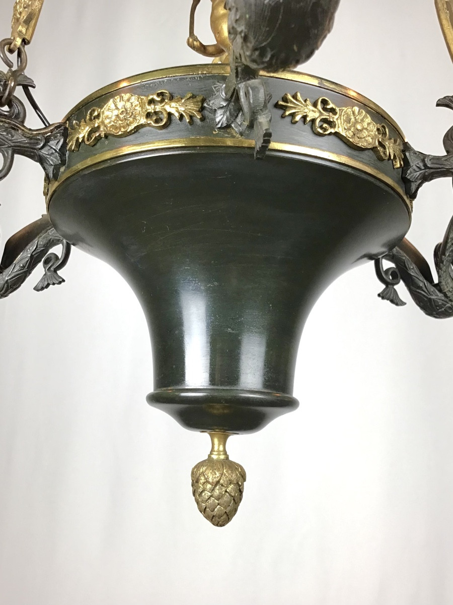 Lustre Empire 19eme Siècle En Bronze Doré Et Bronze à Patine Vert Sombre Sommé D’un Ange-photo-3