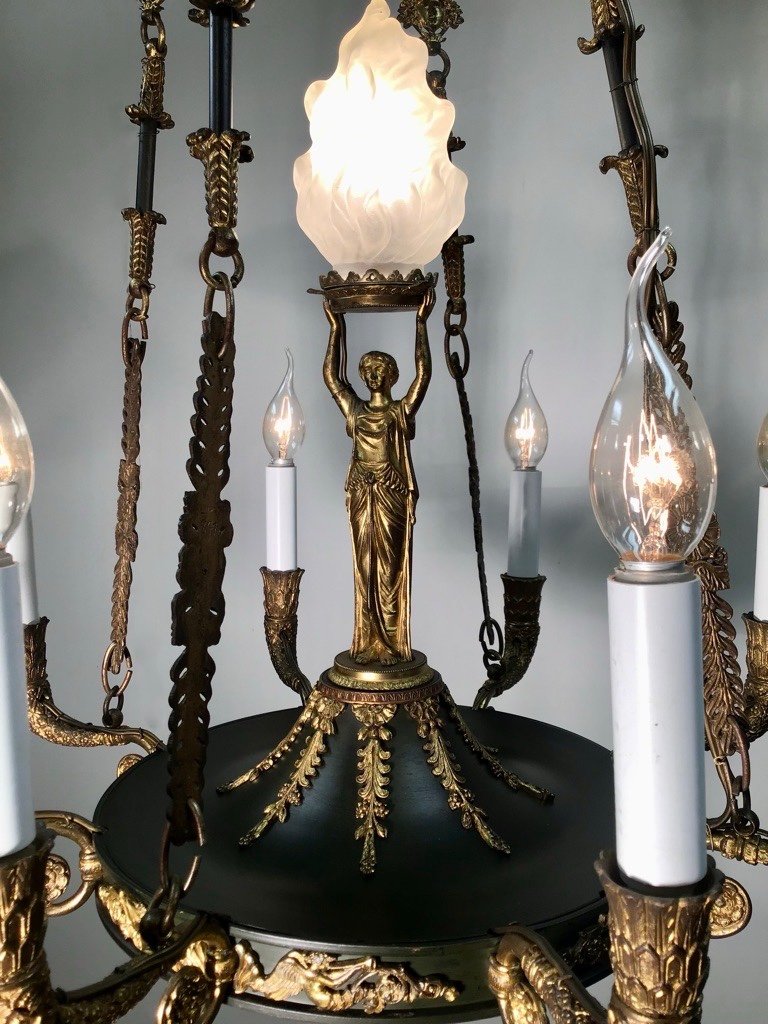 Lustre Empire Français 19eme Siècle En Bronze Doré Sommé D’une Cariatide Portant Une Flamme-photo-2