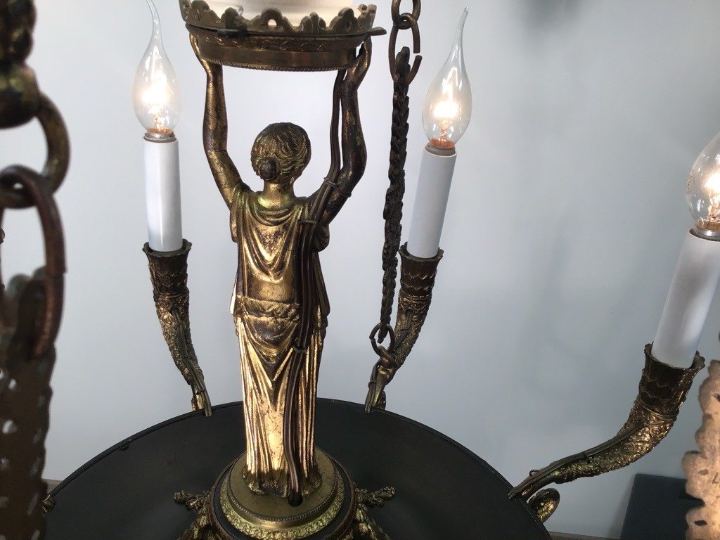 Lustre Empire Français 19eme Siècle En Bronze Doré Sommé D’une Cariatide Portant Une Flamme-photo-7
