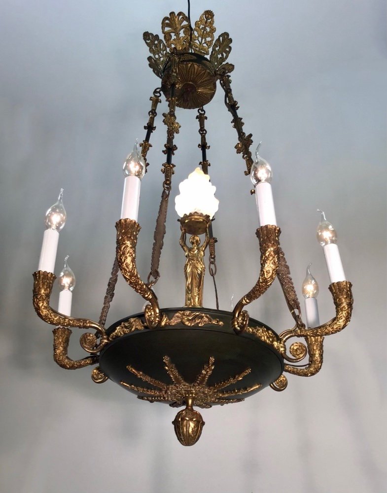 Lustre Empire Français 19eme Siècle En Bronze Doré Sommé D’une Cariatide Portant Une Flamme-photo-1